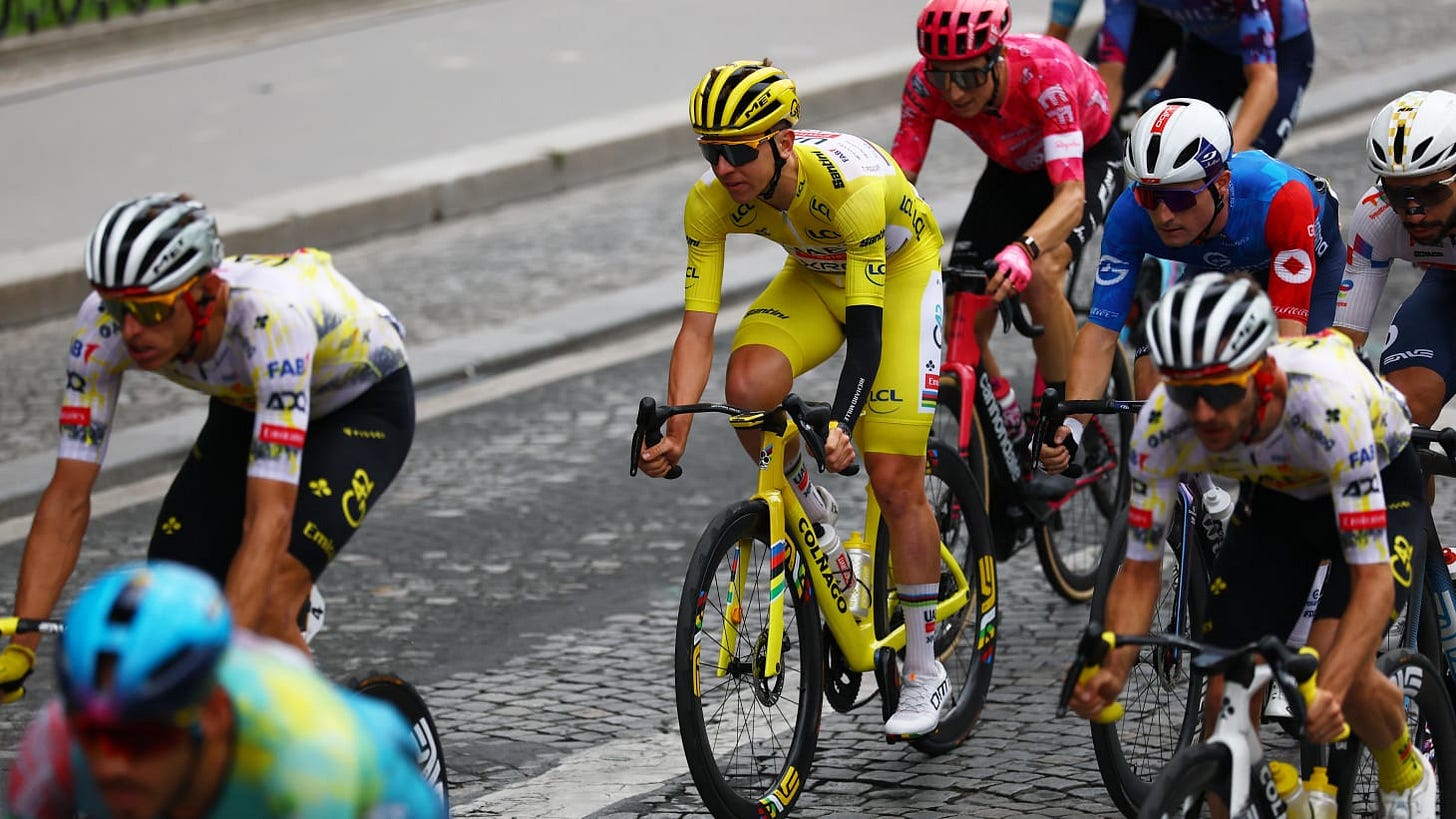 Tadej Pogačar (yellow) during the 2025 Tour de France