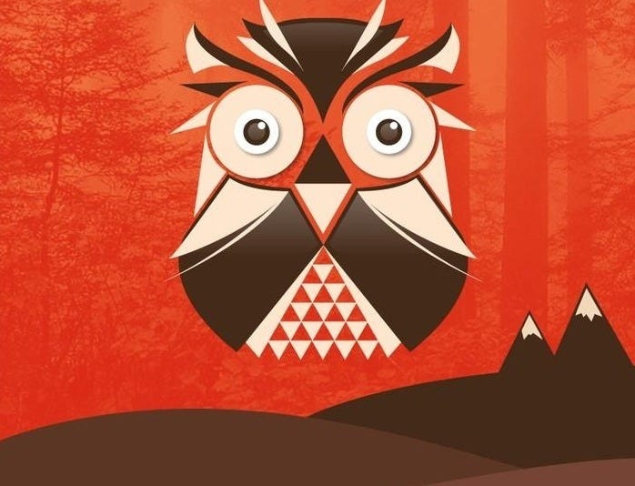 This may contain: an owl with the words tuvin peaks on it's face and mountains in the background