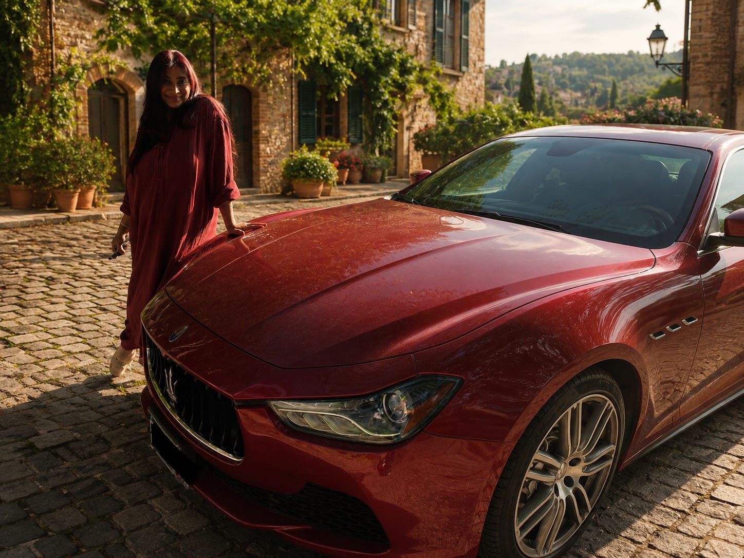 Chef Daljeet stands beside her burgundy coupé on a cobblestone street bathed in warm afternoon light, smiling softly as she leans against the car. Chef Daljeet stands beside her burgundy coupé on a cobblestone street bathed in warm afternoon light, smiling softly as she leans against the car.