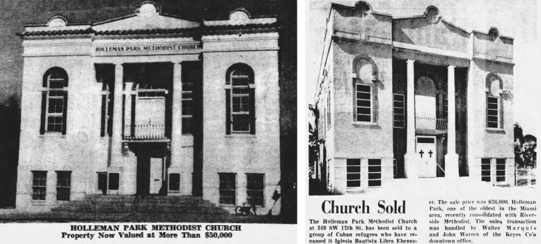 Two photos in the Miami Herald, the first announcing the value of the church building in 1953, and the second reporting on the sale of the church building to the Ebeneezer Free Will Baptist Church in 1965.