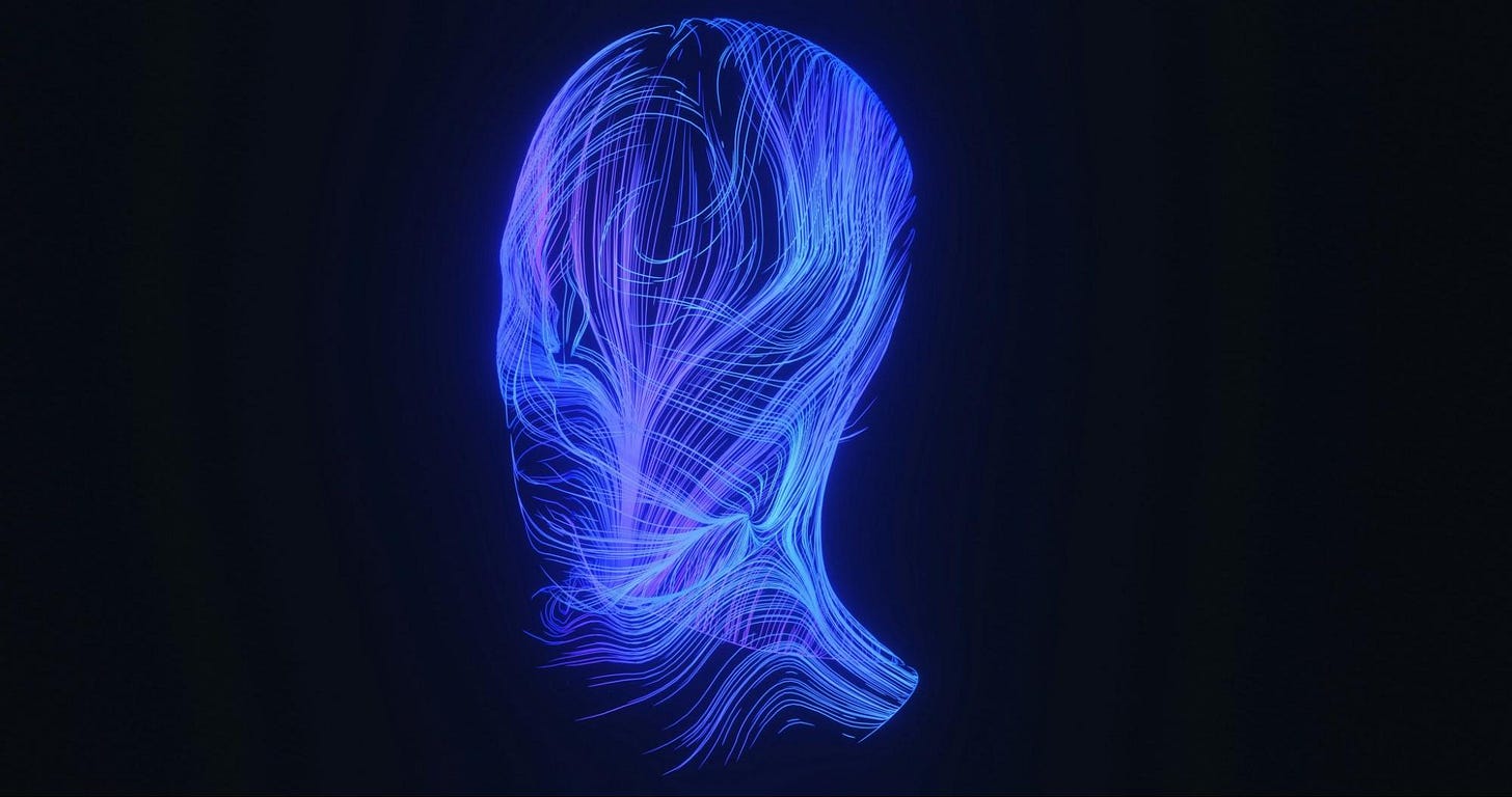 Blue head shape created with many individual lines on a black background Blue head shape created with many individual lines on a black background