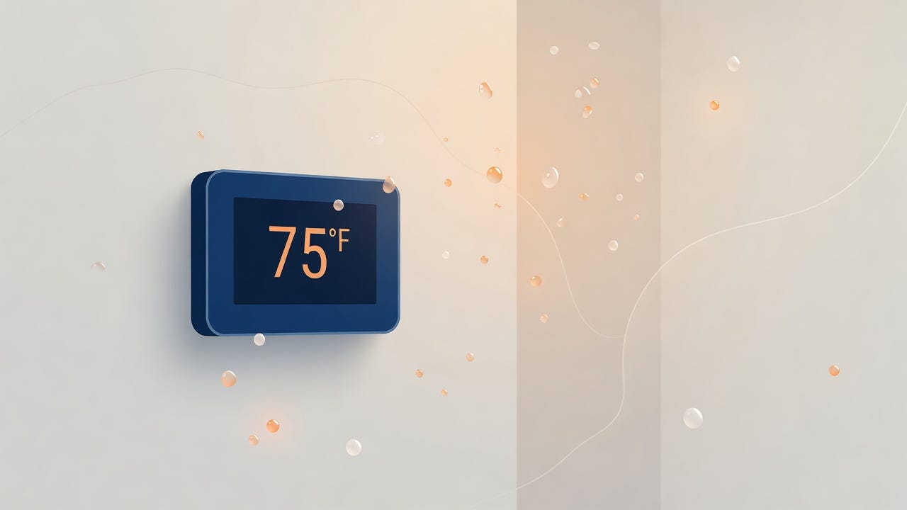 Concept illustration: a thermostat reading 75°F while the room air stays humid and sticky — a cool temperature is not the same as dry air. Concept illustration: a thermostat reading 75°F while the room air stays humid and sticky — a cool temperature is not the same as dry air.