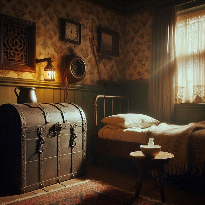 Vintage-style bedrooms featuring elements such as iron beds, wooden furniture including chairs, tables, and ornate chests with intricate detailing. The rooms are decorated with various items like clocks, framed art, and classic radiator heaters. The rooms have patterned wallpaper and are lit by natural light from windows with lace curtains or lamps casting a warm glow, creating a cozy and atmospheric ambiance.