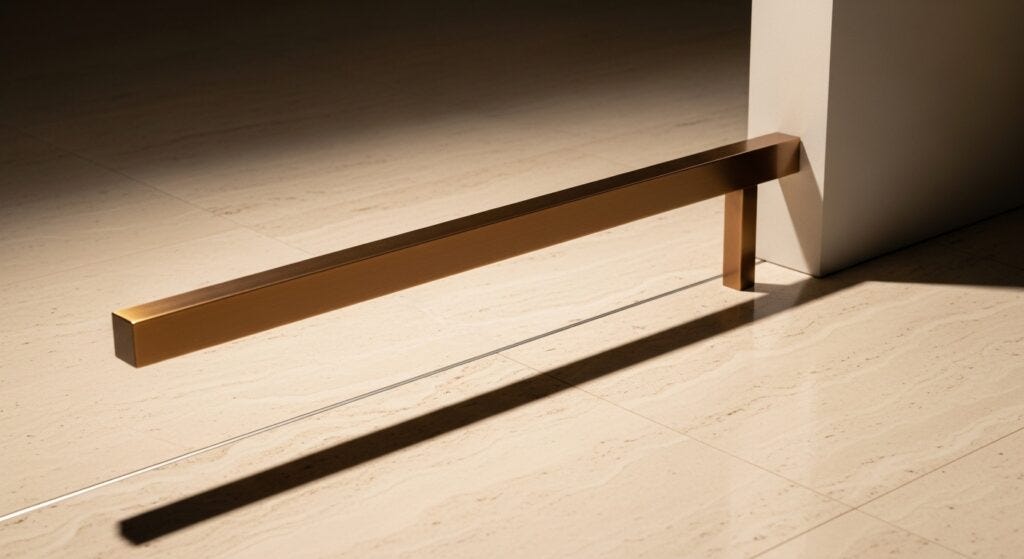 Abstract architectural photograph of a bronze threshold bar on cream marble floor, casting a long shadow — representing the structural fee hurdle that PE funds must overcome to deliver returns exceeding public market alternatives.