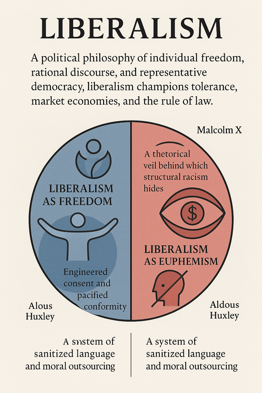 A split mandala showing Liberalism as Freedom vs. Liberalism as Euphemism, with one half depicting open hands, books, and a sunrise (freedom), and the other half showing chains, fog, and a corporate logo (euphemism).