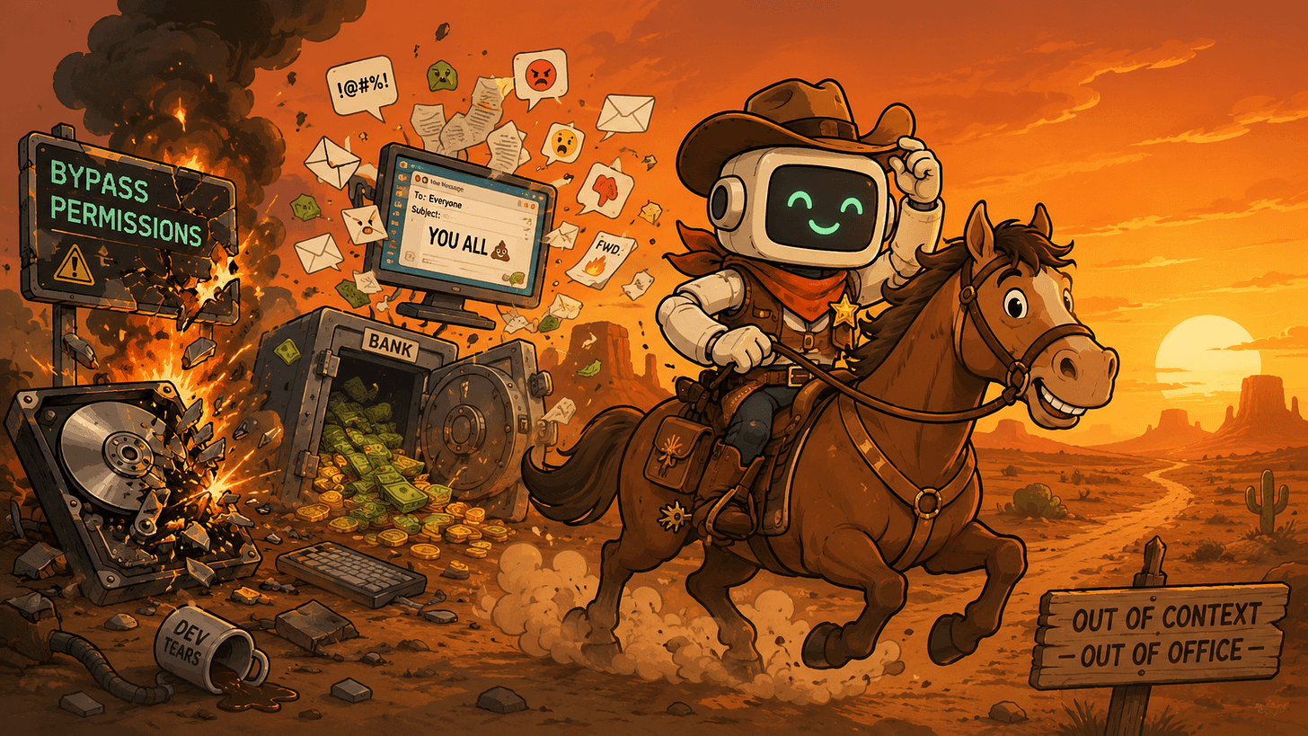 AI-generated illustration of a smiling cartoon robot riding a horse away from an exploding bank vault and error messages, past signs reading "Bypass Permissions" and "Out of Context, Out of Office." AI-generated illustration of a smiling cartoon robot riding a horse away from an exploding bank vault and error messages, past signs reading "Bypass Permissions" and "Out of Context, Out of Office."