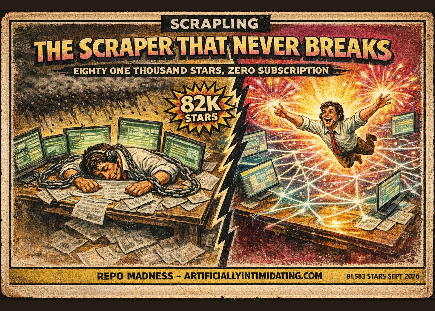 Split vintage poster: left, a person collapses in chains on a desk buried in printouts under five dark monitors; right, the same person leaps amid fireworks and glowing connected screens, arms thrown wide.
