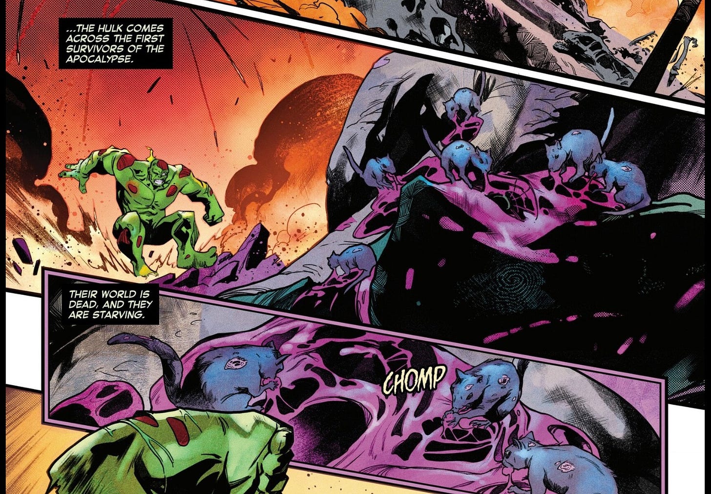 Comic panel from Hulk Smash Everything #2 showing the Hulk discovering several small mammal survivors feeding on the carcass of a dead animal after the Chicxulub impact. The rat-sized, rodent-like mammals scavenge in a devastated post-apocalyptic landscape while the Hulk approaches. The scene represents the kinds of small mammals that survived the mass extinction and eventually gave rise to many modern mammal lineages, including the ancestors of humans.