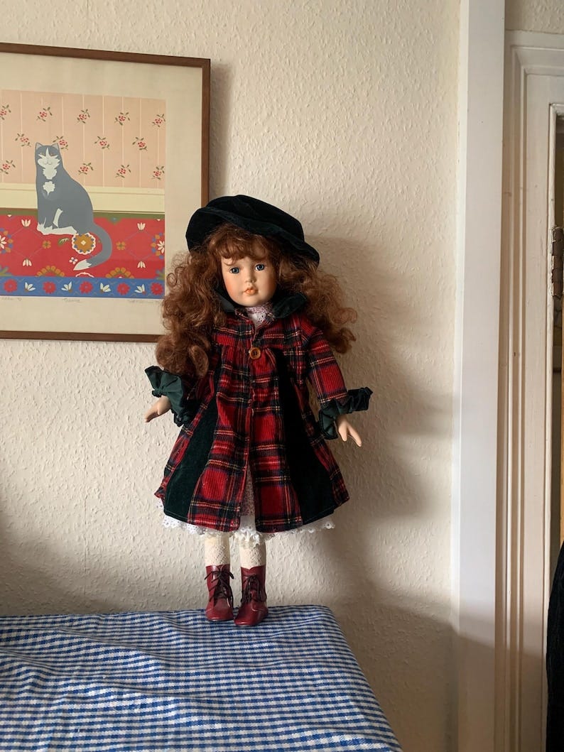 Vintage, Large, Collector’s, Porcelain, China, Doll, Girl, In Pink Dress, Tartan and Green Velvet Coat, Hat, Period, Present, Gift, Wife image 1