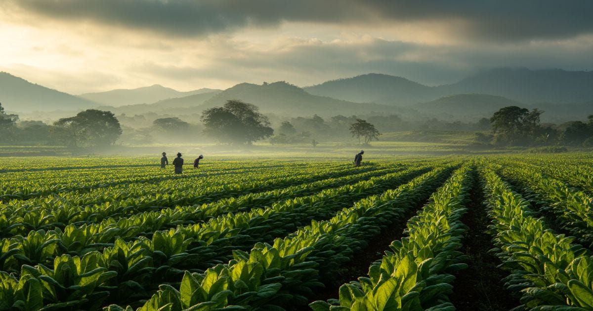Modern Nicaraguan tobacco fields at sunrise, descendants of Cuba’s Corojo leaf that reshaped cigar flavor worldwide.