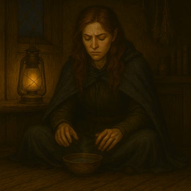 Late night at the Blue Water Inn. The room is quiet, dimly lit by the soft flicker of a single lantern hanging from a wooden beam. Outside, Barovia groans in its sleep, visible through a small leaded-glass window streaked with condensation. Inside, the air is thick with the scent of dried herbs, old ink, and firewood. Clarion sits cross-legged on the wooden floor near the hearth, wrapped in her travel cloak — dark velvet with silver embroidery, frayed at the edges, but without any Ravenloft insignia or colors. She is tall and broad-shouldered, with pale skin and black hair reminiscent of Gwendoline Christie, her features solemn and strong. Her deep-set eyes are shadowed, her expression quiet and haunted. Before her rests a shallow ceramic bowl of tea, steeped in ghostmilk and faded lotus, its surface faintly glowing. Her hands hover above it, trembling slightly. The shadows stretch long across the floor, and the atmosphere is hushed, intimate, and heavy with unspoken emotion.