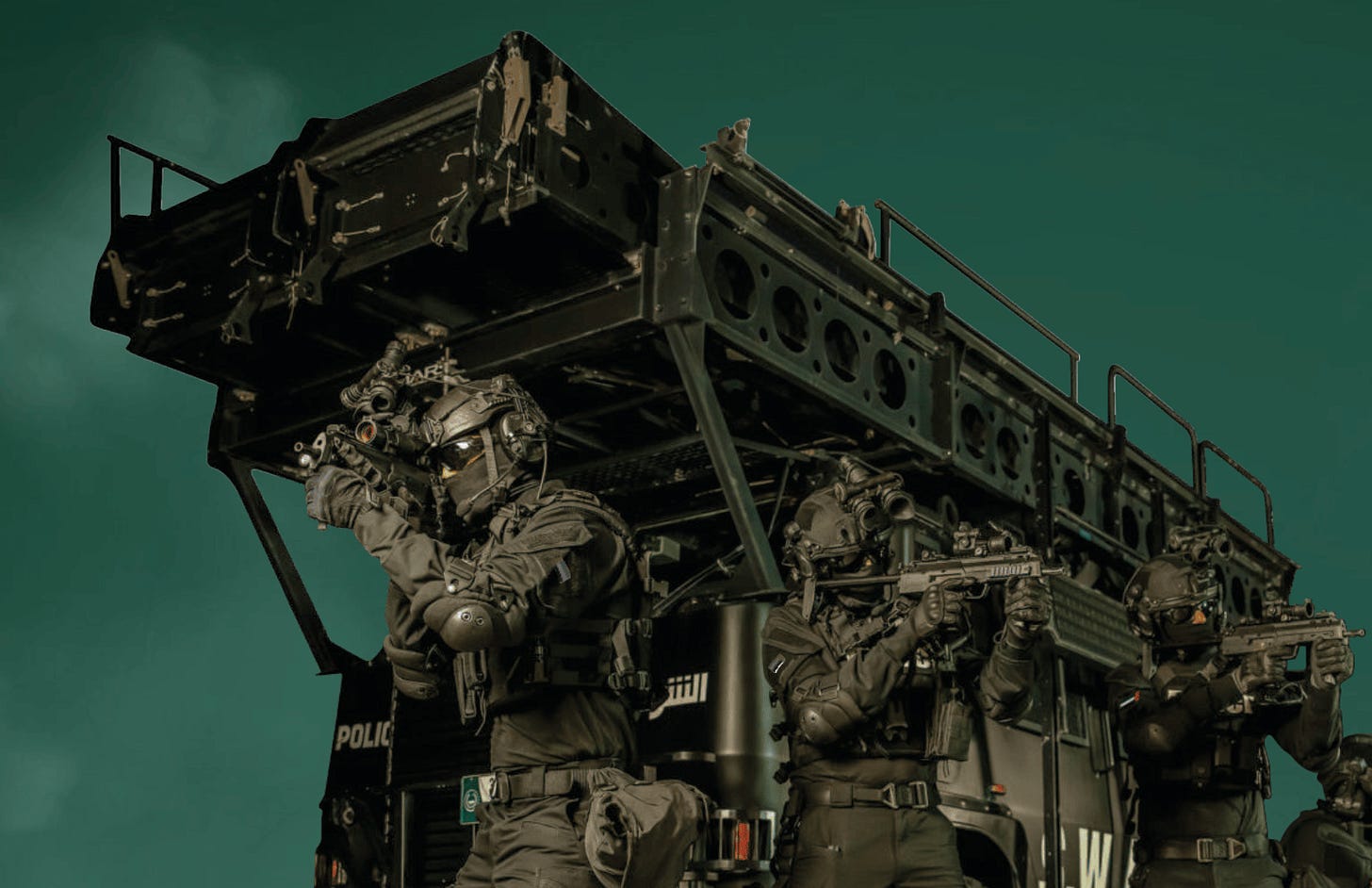 A medium shot shows three tactical team members from an undisclosed nation, dressed entirely in black assault gear including helmets, balaclavas, eye protection, and gloves, aiming automatic rifles forward from a low-profile, armored SWAT vehicle. Large white text reading "POLICE" and "SWAT" is partially visible on the vehicle side against a solid teal-green background with sparse, low clouds, reinforcing their identity as a specialized unit. The team's focused and disciplined stance symbolizes the operational readiness and geostrategic capacity of elite units from regions like Southeast Asia participating in international security competitions. A medium shot shows three tactical team members from an undisclosed nation, dressed entirely in black assault gear including helmets, balaclavas, eye protection, and gloves, aiming automatic rifles forward from a low-profile, armored SWAT vehicle. Large white text reading "POLICE" and "SWAT" is partially visible on the vehicle side against a solid teal-green background with sparse, low clouds, reinforcing their identity as a specialized unit. The team's focused and disciplined stance symbolizes the operational readiness and geostrategic capacity of elite units from regions like Southeast Asia participating in international security competitions.