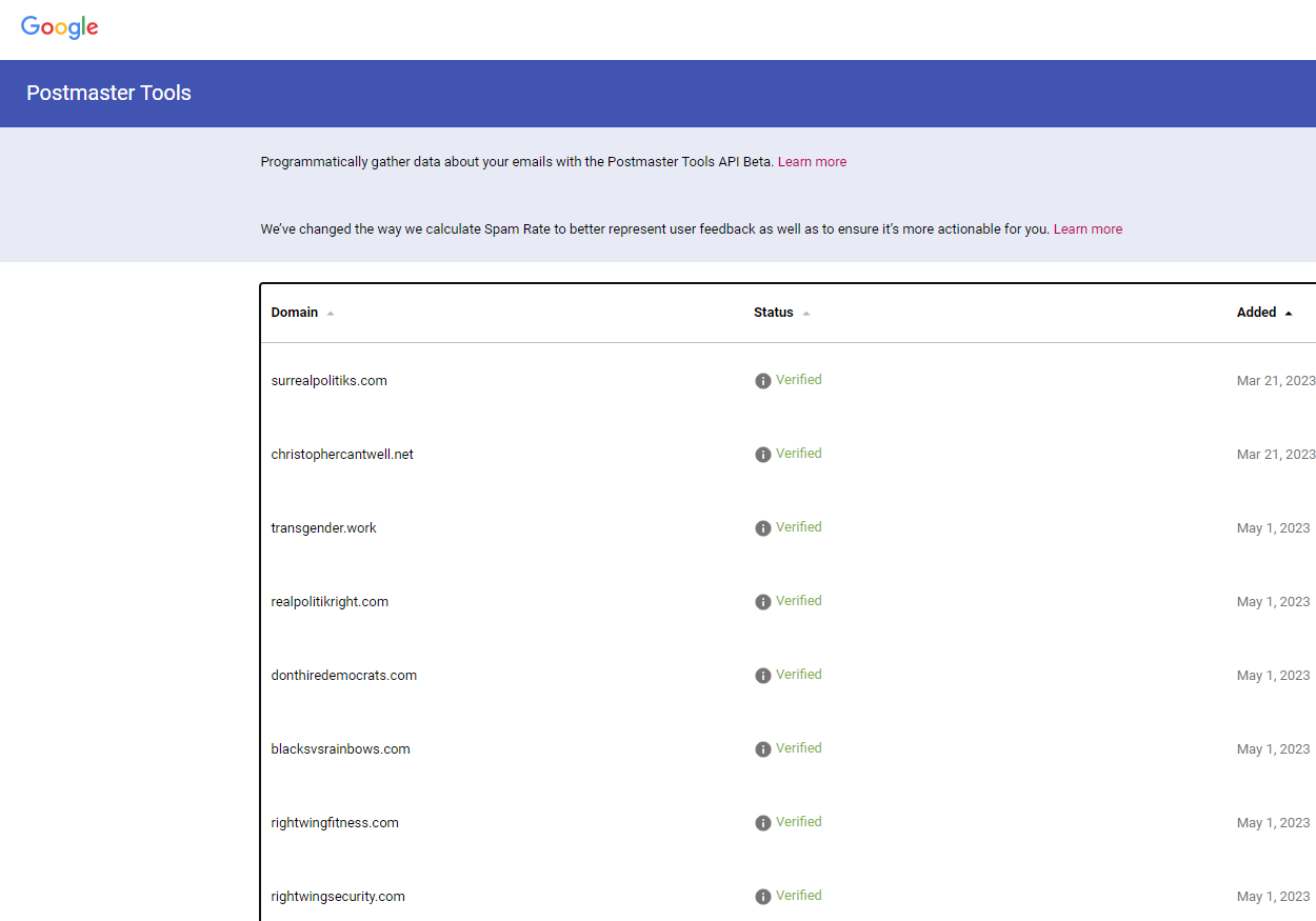 My Registered Domain List in Google Postmaster Tools