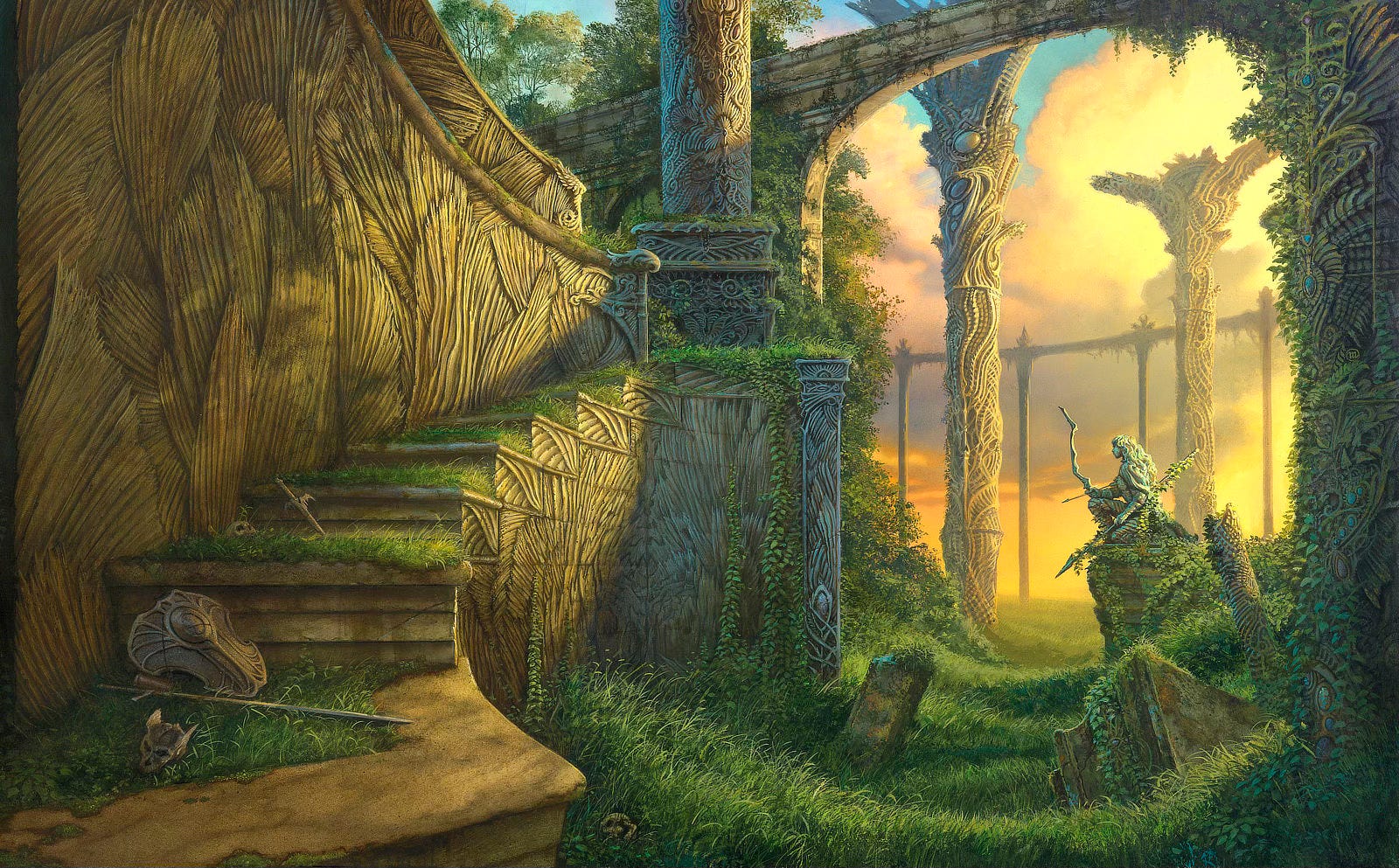 Grass and ivy have overgrown ancient ruins, but the delicate artistry of the Sithi can be see in the still standing pillars and arches bathed in the golden light of sunset. A solitary statue kneels among the ruins. She holds a bow one-handed with an arrow knocked. In the other, she lightly grips a long spear with the tip angled down. In the foreground left, stairs wind up to another level of the ruins. A long sword and shield lay discarded there. Another skull and a dagger rest on the step above. Clearly, the remains are non-human based on the central ridge of spikes along the crown and the wing like projections from either edge of the skull.