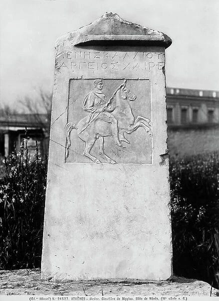 Grave stele of Menes on horseback, located in the Dipylon