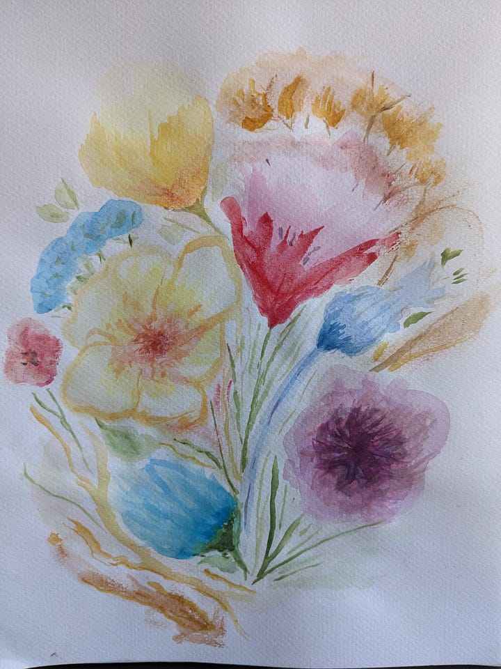 Process photos of watercolor + soft pastel flowers