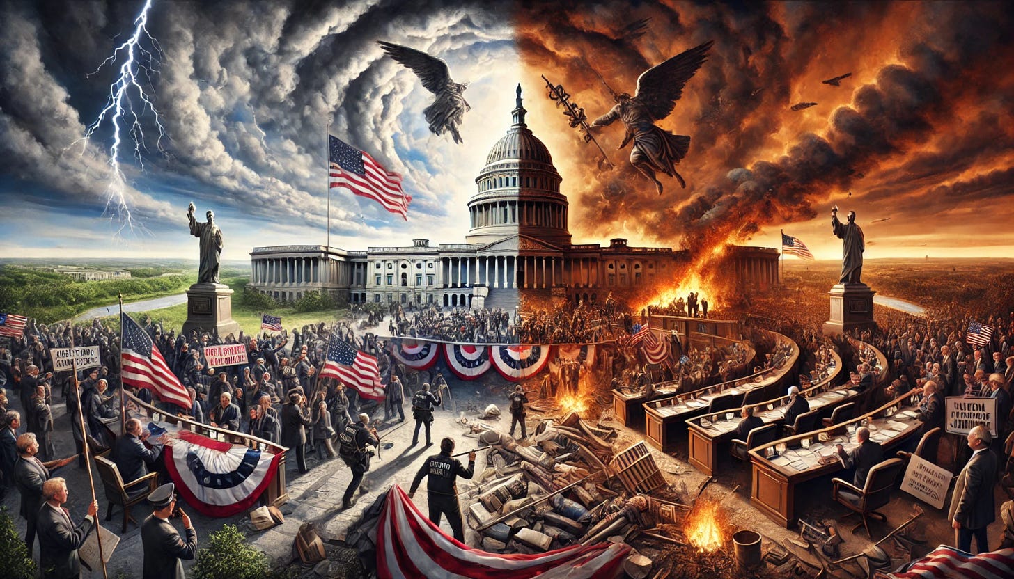 A dramatic scene depicting the United States in political turmoil. The image shows a divided landscape with the U.S. Capitol building in the center, half in daylight and half in stormy darkness. On one side, protesters with flags, banners, and signs clash with riot police, while fires burn in the background. On the other side, political figures argue on a broken debate stage, surrounded by torn American flags and fractured statues of justice. The sky is turbulent, with lightning splitting clouds above, symbolizing national division and unrest. The overall tone is intense, chaotic, and symbolic of conflict.