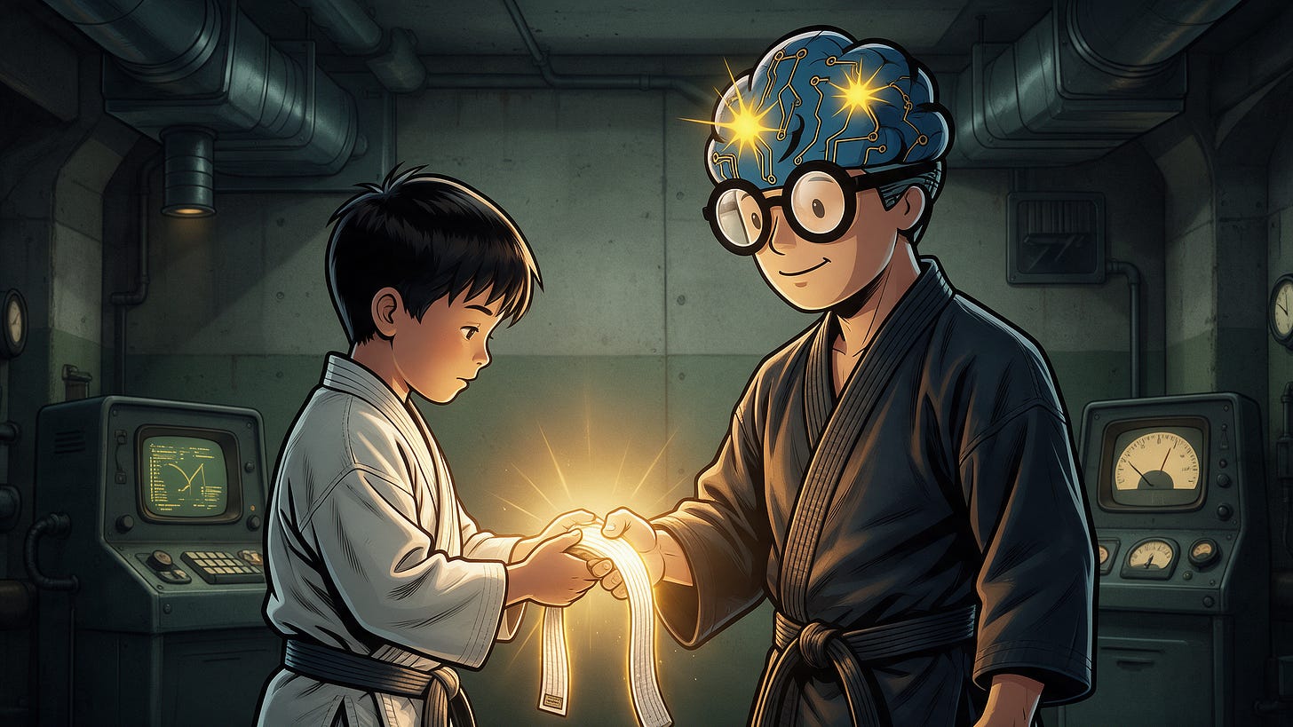 Illustration de style bande dessinée montrant GMIND-BOY transmettant une ceinture d'entraînement lumineuse à un jeune apprenti en kimono dans une salle souterraine fortifiée.