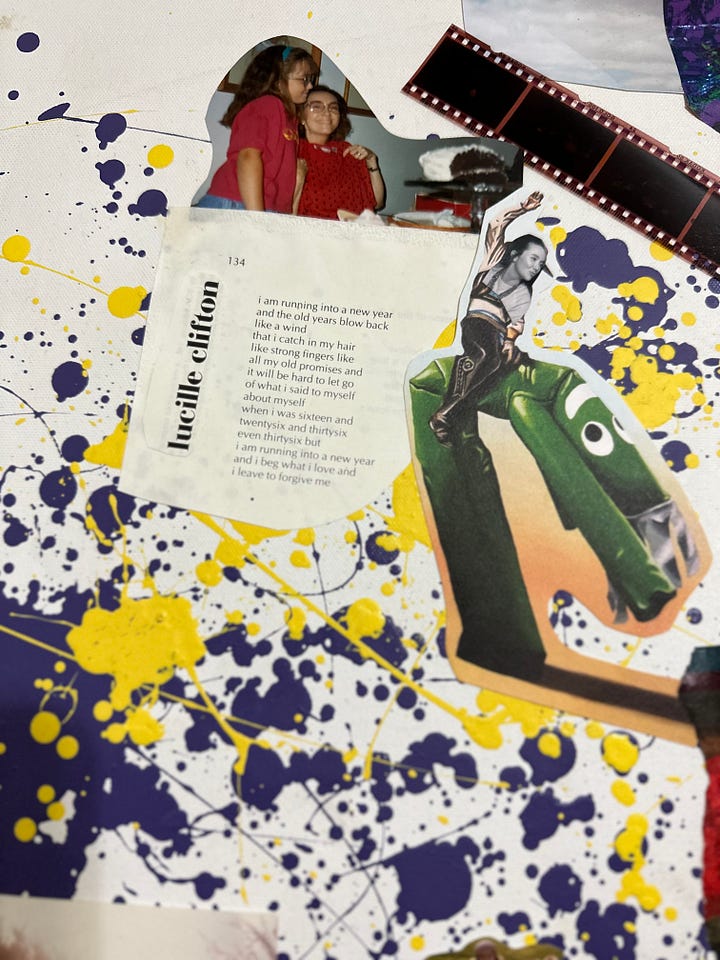 collage depicting scenes from Paris merged with Indiana backyard plus Lucille Clifton poem