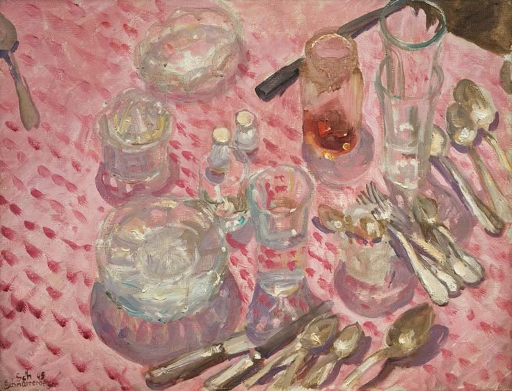 This may contain: a painting of silverware and utensils on a pink table cloth