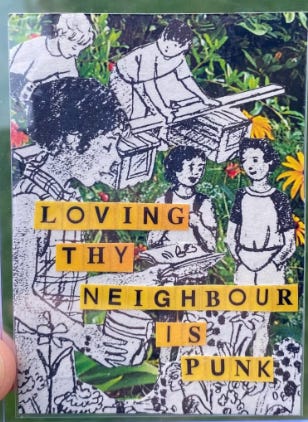 Illustration of people doing chores in front of flowers. Text says "Loving they neighbour is punk"