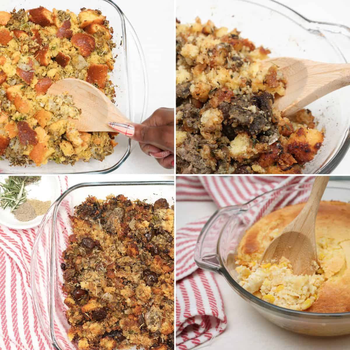 Soul food dressing recipes by Shaunda Necole & The Soul Food Pot®, including classic cornbread dressing, liver dressing, oyster cornbread dressing, and creamed corn pudding — traditional Southern Christmas side dishes served family-style.