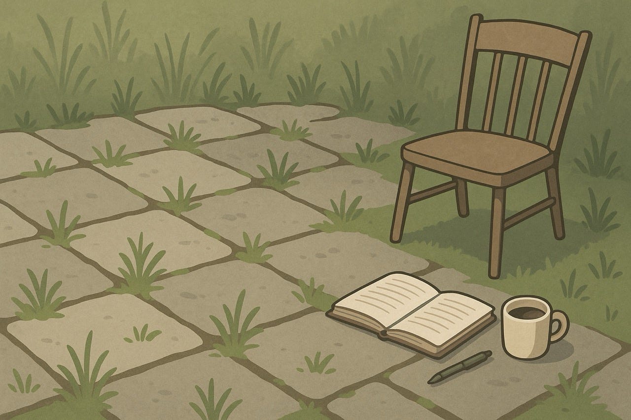 A digital illustration of a garden patio with stone slabs and tufts of grass growing between them. A wooden chair, an open notebook, a pen, and a coffee cup sit nearby, evoking a quiet, reflective moment.