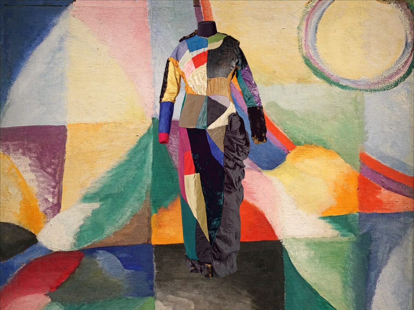 A Sonia Delaunay-inspired image showing a patchwork garment placed against a colorful abstract background of curved shapes in red, yellow, green, blue, pink, and black. A Sonia Delaunay-inspired image showing a patchwork garment placed against a colorful abstract background of curved shapes in red, yellow, green, blue, pink, and black.