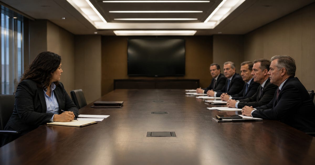 A plaintiff's attorney sits alone on one side of a long conference table, facing a row of defense lawyers in dark suits on the other side.