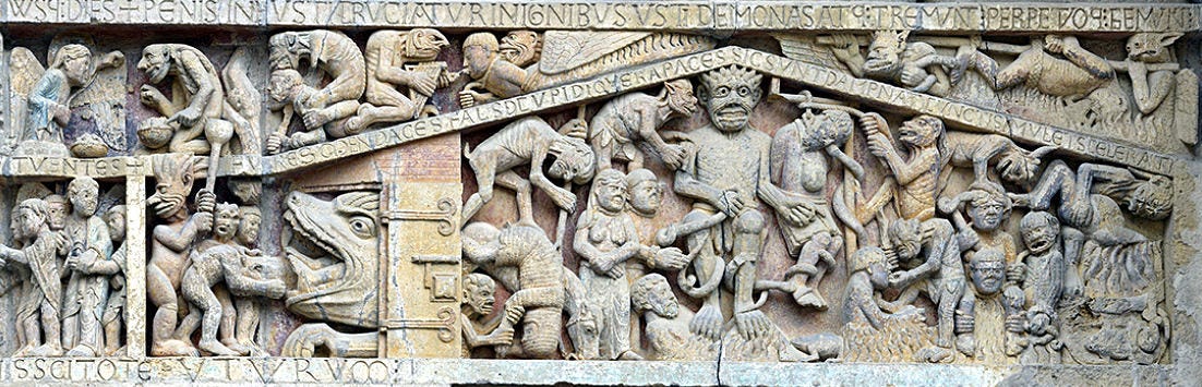 Detail of the tympanum of the abbey church of Conques – Leviathan, Satan and hell