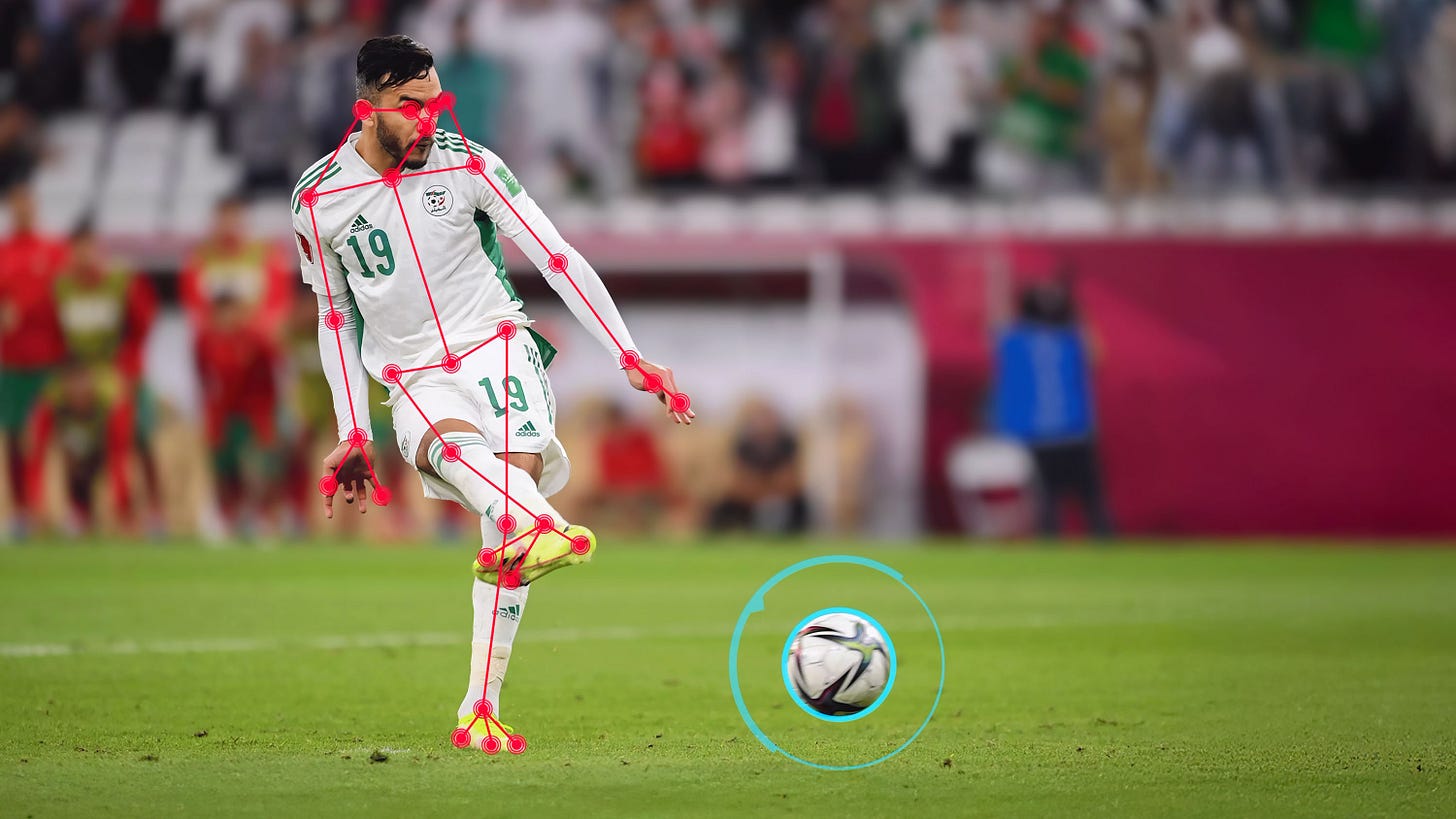 a player about to kick the ball with digital tracking overlays