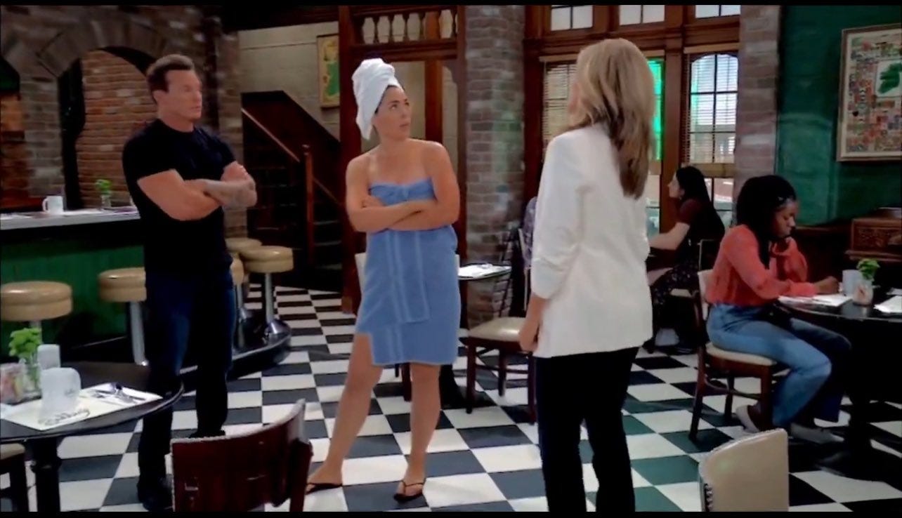 GH Fan on X: "Despite being annoyed with the argument I will admit Britt  coming downstairs into a public restaurant dress like this was funny and  I'm sure KT had a blast