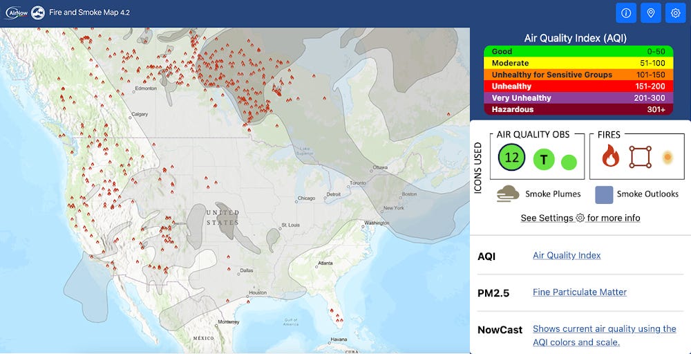 Smoke plumes are covering most of the U.S., except the Northwest and Southeast U.S. The heaviest smoke conditions are in Southern California, Kansas, the Upper Midwest, and the Northeast. 