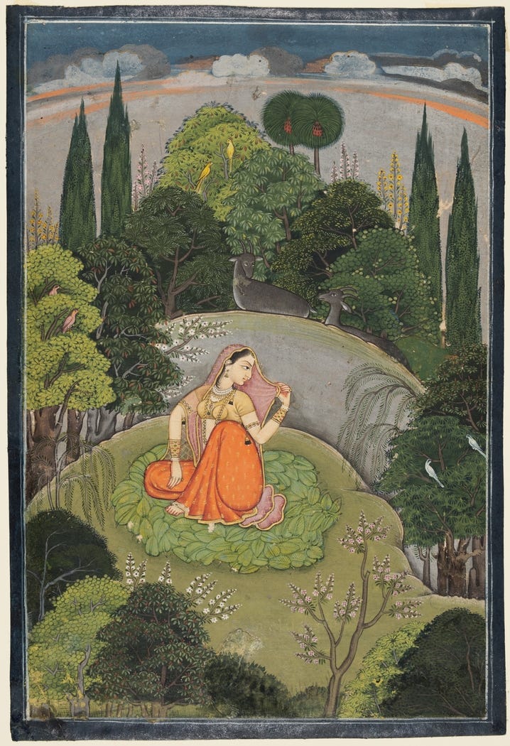 The Heroine Who Waits Anxiously for Her Absent Lover (Utka Nayika) – Indian Miniature Painting | Byron's Muse The Heroine Who Waits Anxiously for Her Absent Lover (Utka Nayika) – Indian Miniature Painting | Byron's Muse