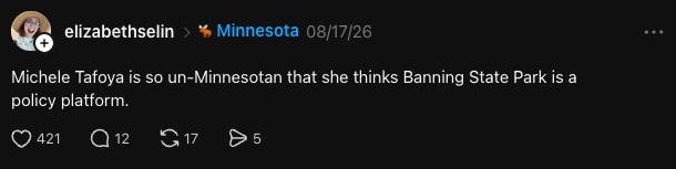 Thread reading Michele Tafoya is so un-Minnesotan that she thinks Banning State Park is a policy platform. Thread reading Michele Tafoya is so un-Minnesotan that she thinks Banning State Park is a policy platform.