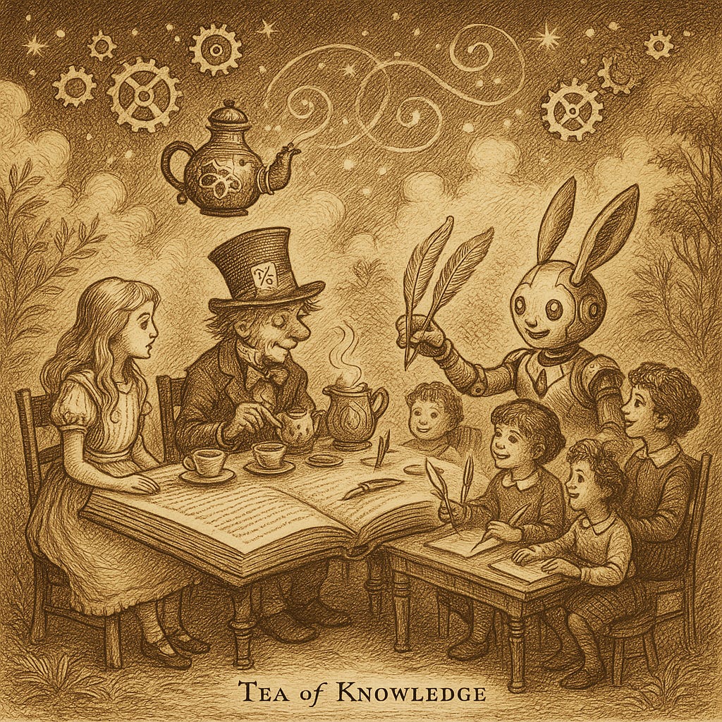 Alice, Mad Hatter, and a rabbit-eared robot share tea atop an open textbook; starry sky and floating gears trace swirls like Dormouse steam.
