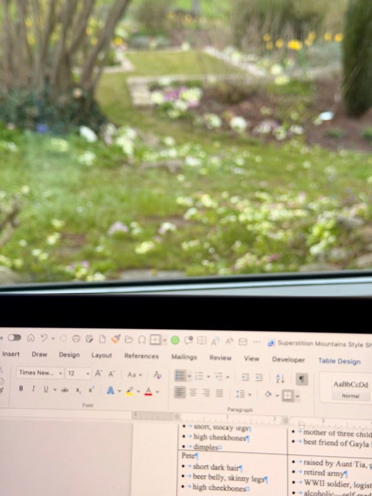 A photo of two parts. On the bottom, a slice of a laptop screen, open to a word documents, columns and bullet points. Above, a blurred view of a springtime garden, the lawn greening, and clusters of primroses blossoming and pastell colors. In the foreground, the yard is wild, in the background it is structured with stone borders.