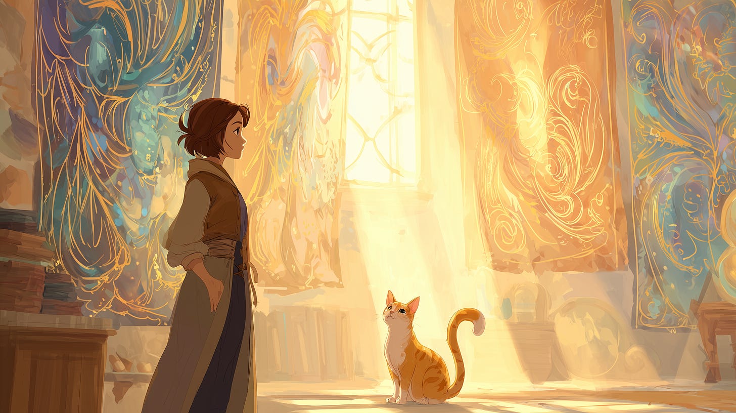 a creative and her cat surrounded by beautifully woven tapestries of creativity