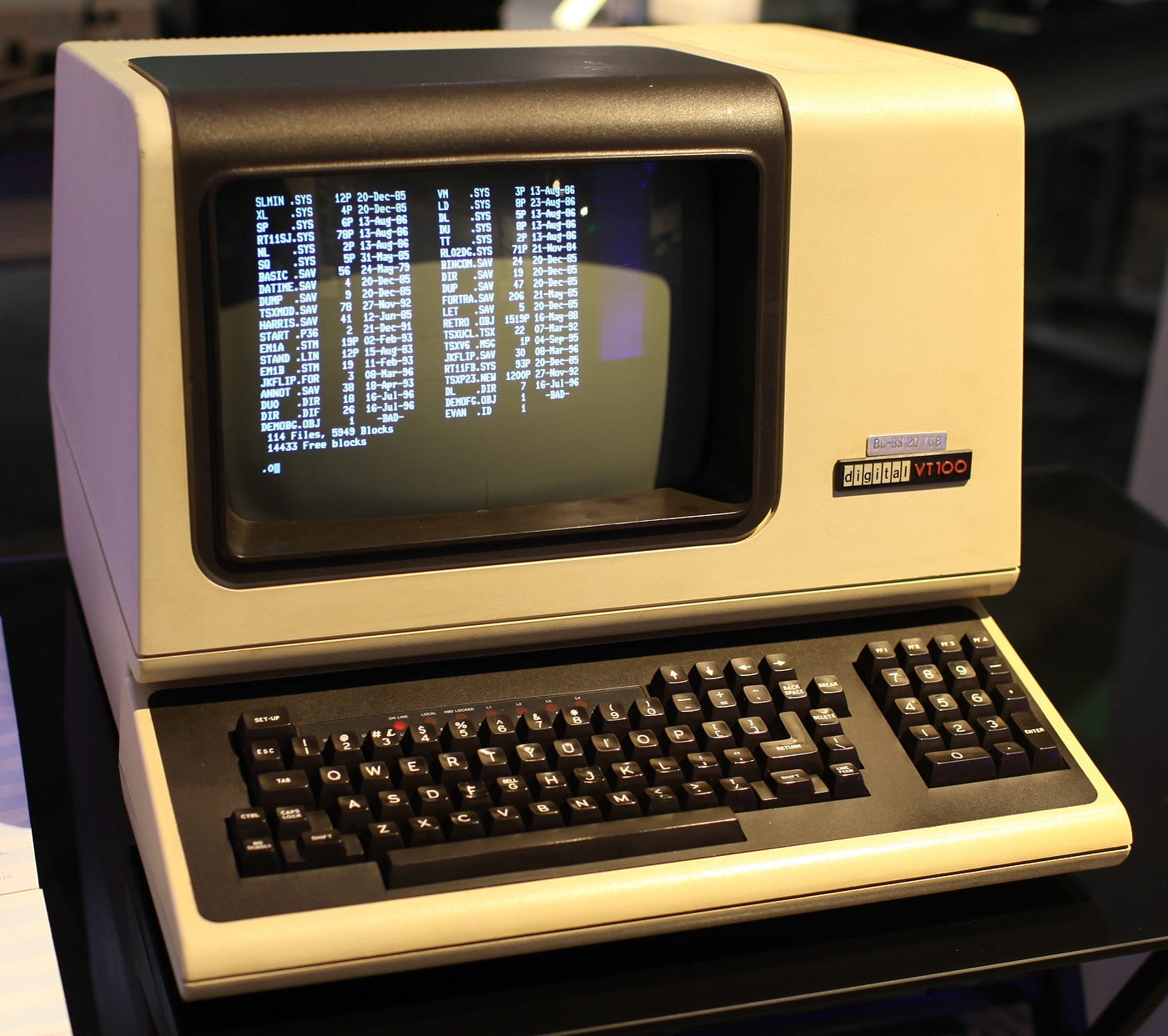An old computer showing black text-only screen. Model: VT100, 1978 by Digital Equipment Corporation (DEC) An old computer showing black text-only screen. Model: VT100, 1978 by Digital Equipment Corporation (DEC)