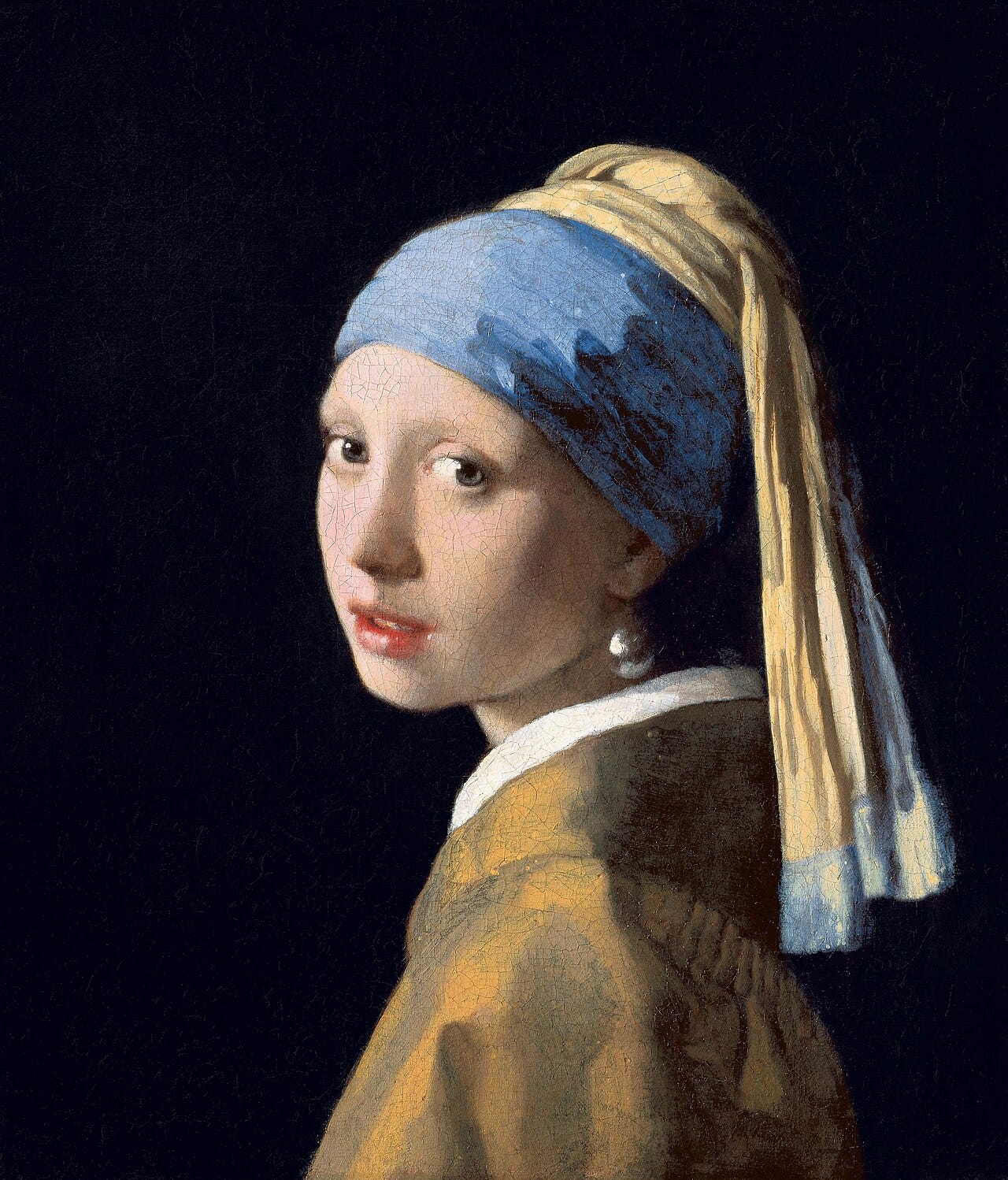 Vermeer painting of a girl in a blue and yellow turban against a dark background Vermeer painting of a girl in a blue and yellow turban against a dark background