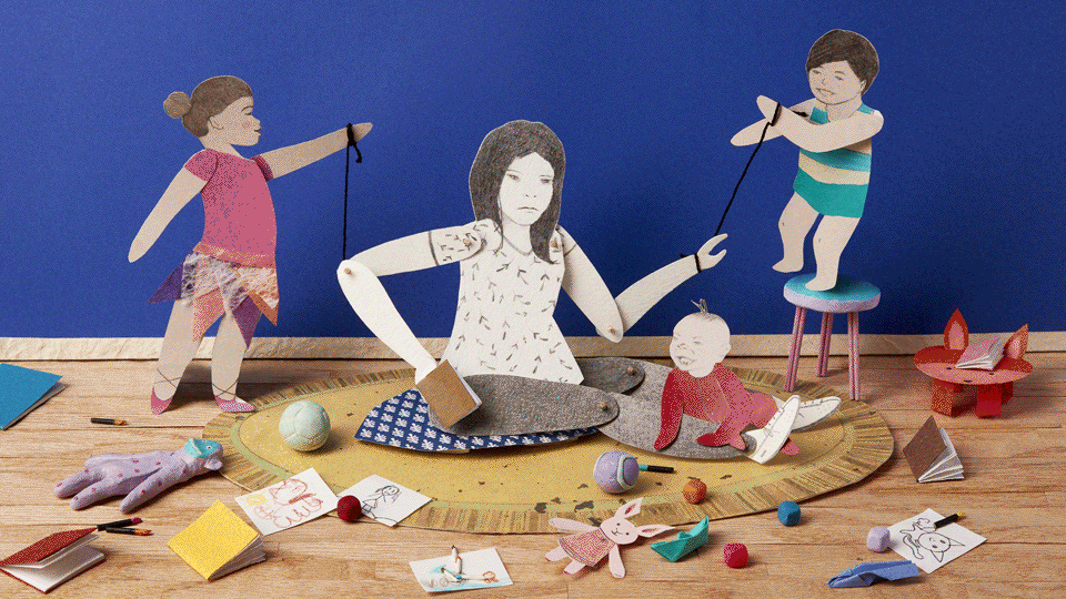 Mother puppet being pulled in many directions by her kids. 