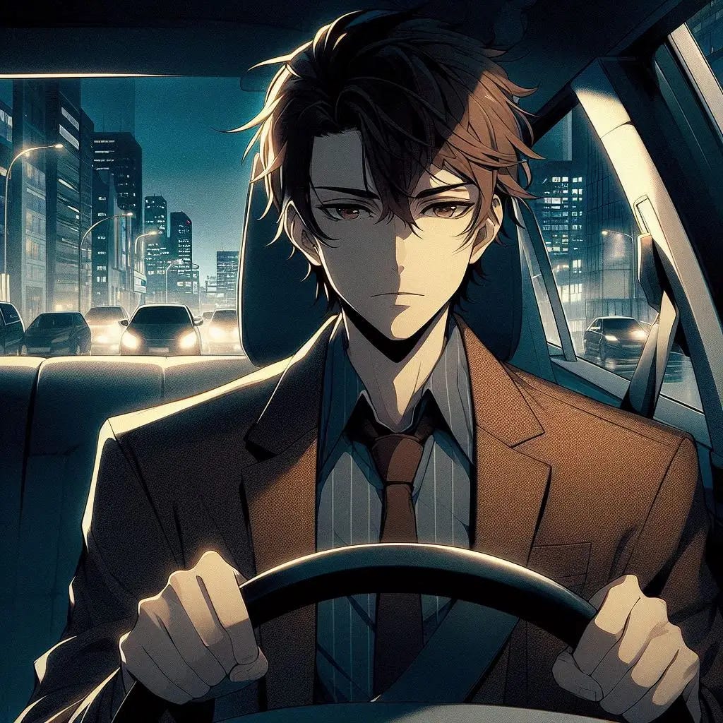 A young man with brown hair and a brown blazer driving home at mid day through the city. Anime art style. dark. modern. A young man with brown hair and a brown blazer driving home at mid day through the city. Anime art style. dark. modern.