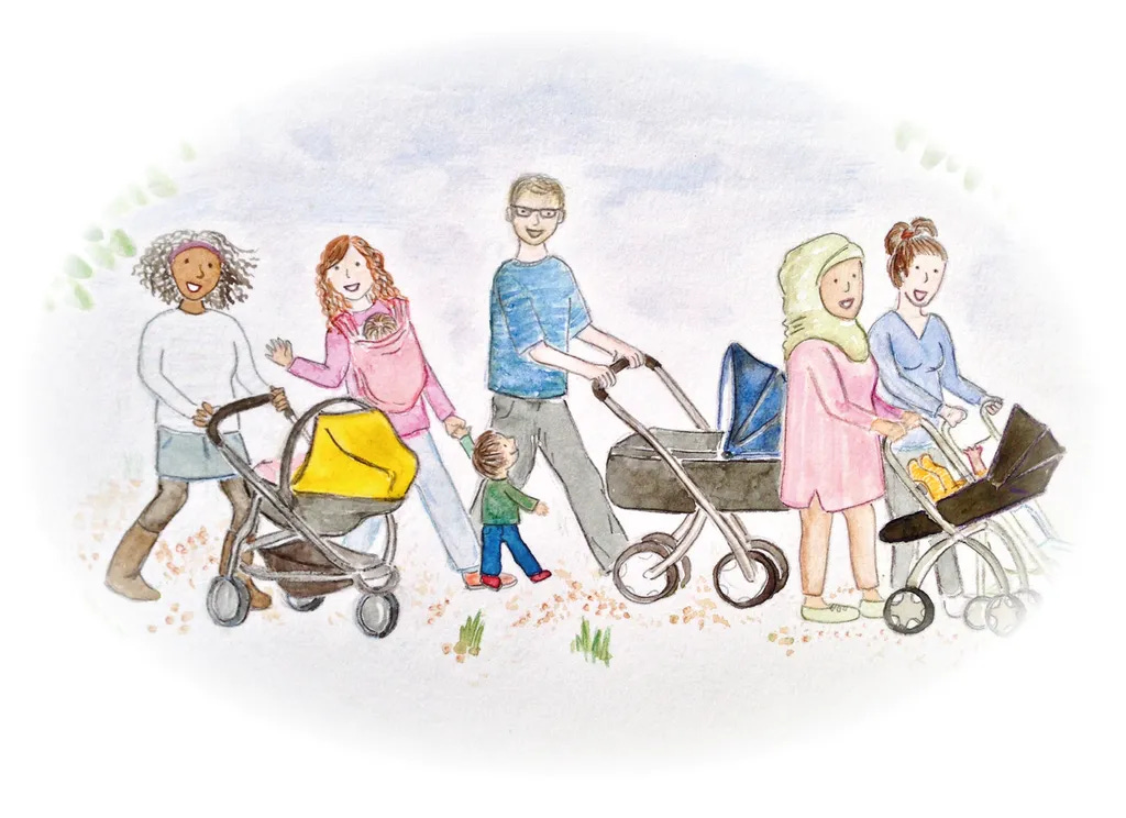 drawing of parents walking with buggies