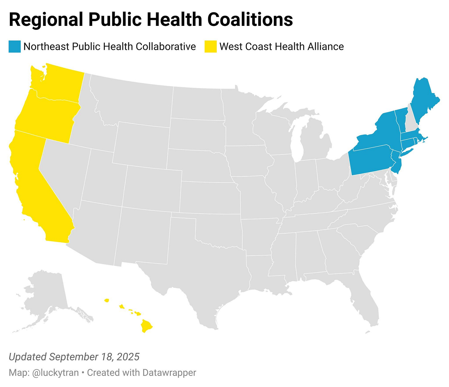 May be an image of map and text that says 'Regional Public Health Coalitions Northeast Public Health Collaborative West Coast Health Alliance Updated September 18, 18,2025 2025 Map: @luckytran Created with Datawrapper'