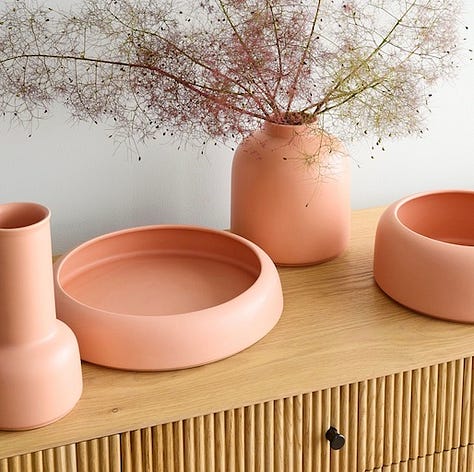 Three images, a peach eyeshadow, peach shirt and peach vases