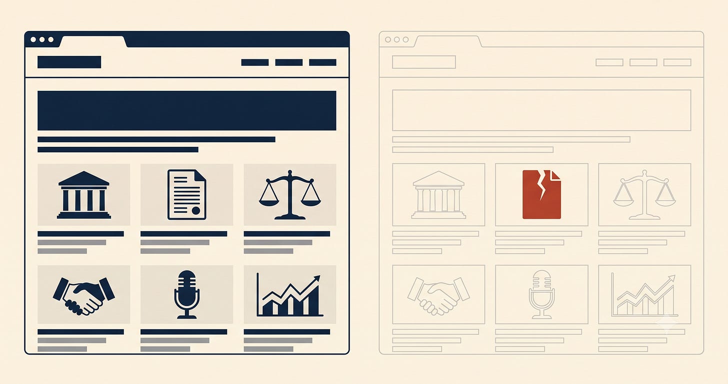 Side-by-side illustration of two identical news website layouts. The left version is fully rendered with a masthead, headline, and a grid of six article thumbnails with icons for topics like government, law, and business. The right version shows the same layout as faint outlines only, mostly empty, with a small red broken-page icon in place of one article thumbnail.