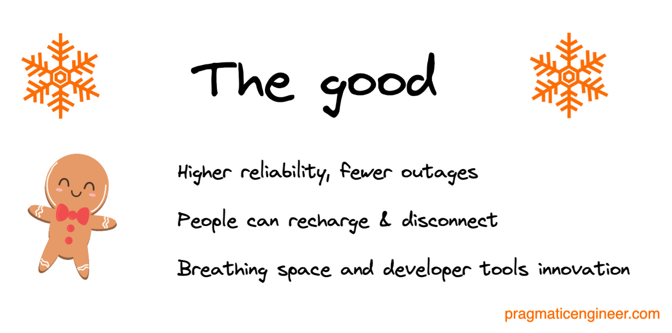 Code freezes: the good. Higher reliability, fewer outages  People can recharge & disconnect  Breathing space and developer tools innovation