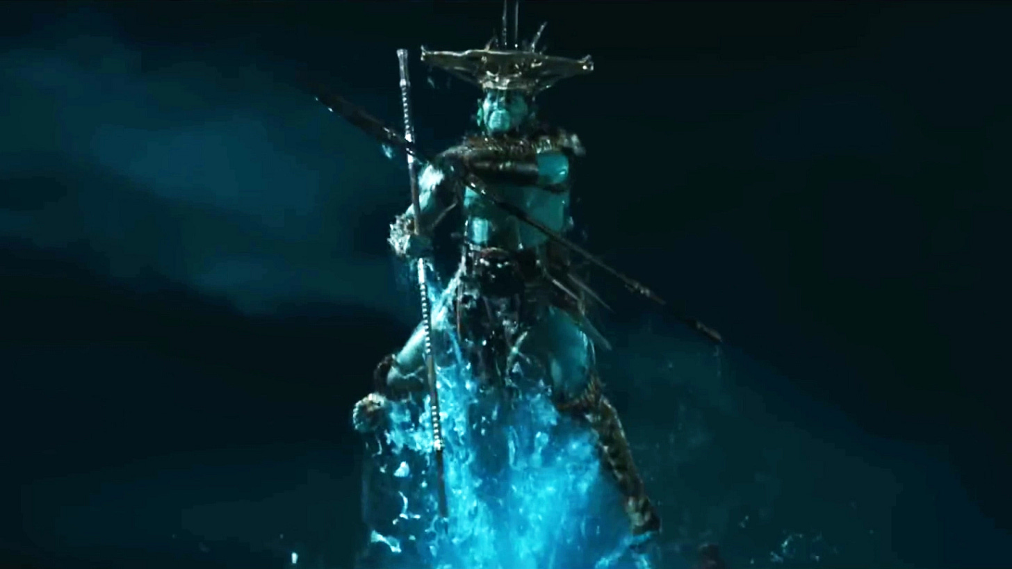 Talokanil warrior bursting out of the sea wearing the skull of a hammerhead shark.