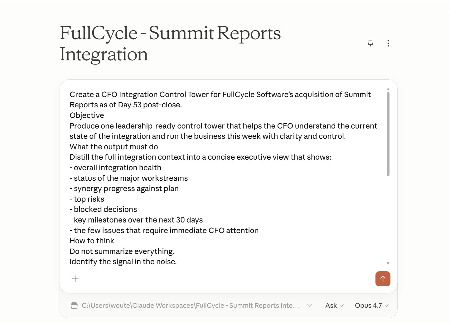 How to run an M&A integration with Claude as a CFO