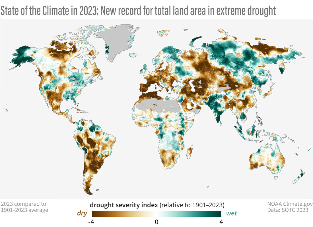 Global map of which land areas experienced either drought or wet conditions in 2023 Global map of which land areas experienced either drought or wet conditions in 2023